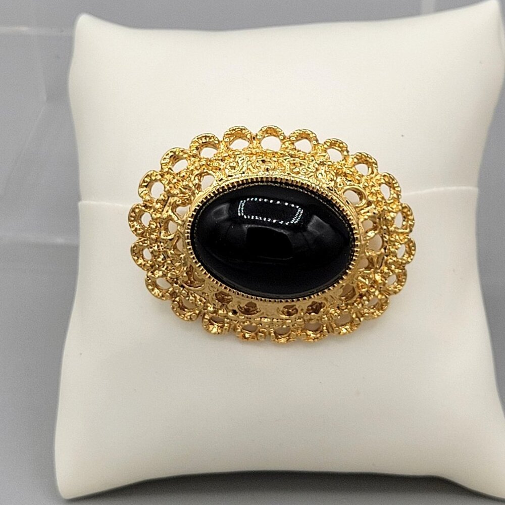 Park Lane Gold Tone Scarf Clip Filigree Black Cabochon Signed Vintage